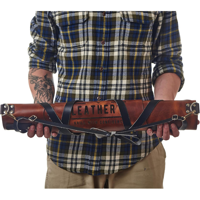 Фартух для гриля зі шкіри з тримачем для пива, BBQ Pitmaster – міцний, з кишенями, регульовані лямки (коричнева шкіра)