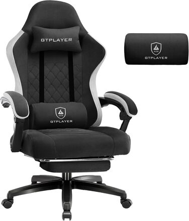 Ігровий крісло GTPLAYER з тканиною, з кишеньковим пружинним сидінням, ергономічний поворотний крісло, геймерське крісло з підніжкою, чорний, до 150 кг