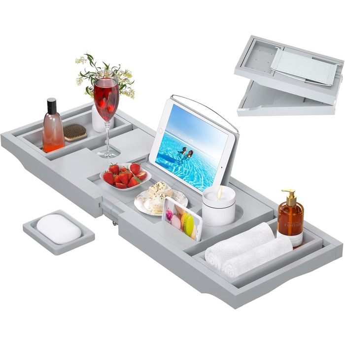 Підставка для ванни Artmalle, складана бамбукова підставка для ванни з тримачем для книги та келиха, безкоштовна мильниця, для розслаблення та читання, натуральний бамбук (сірий, складна)