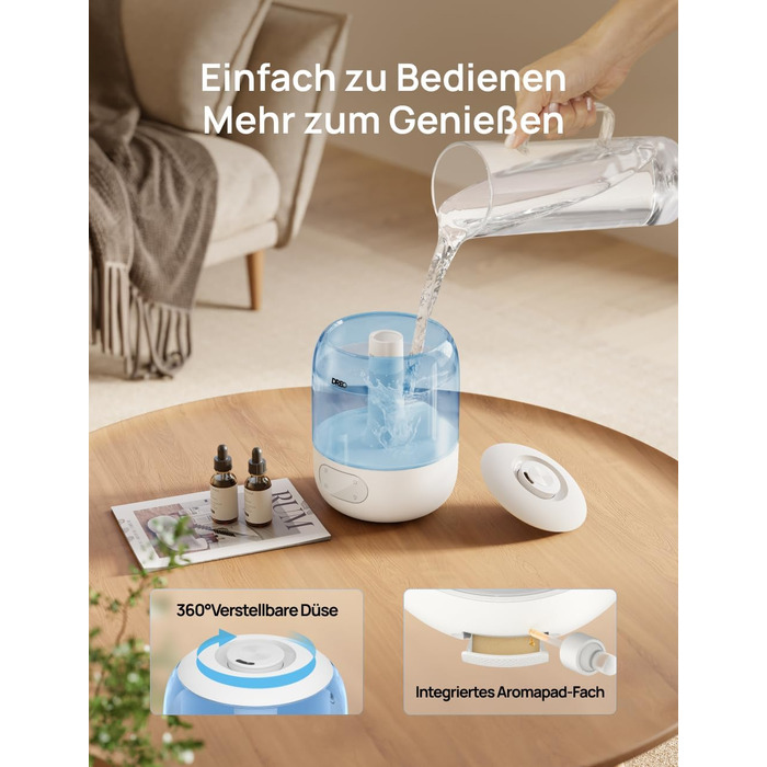 Зволожувач повітря Dreo для спальні, ультразвуковий холодний туман, 30 годин роботи, 3L резервуар з верхнім заповненням, датчик вологості, нічне світло для дітей, кімнати, рослин та дому (Blue)
