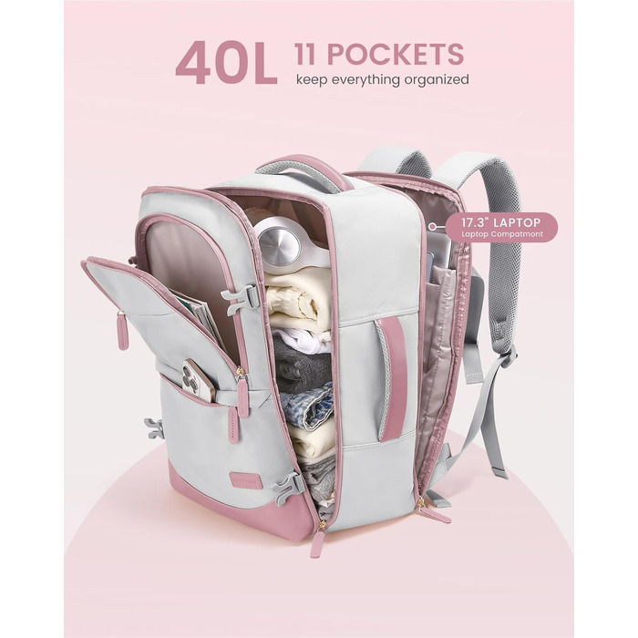 Рюкзак для ручної поклажі LOVEVOOK 40L, сірий/рожевий, для ноутбука 17.3