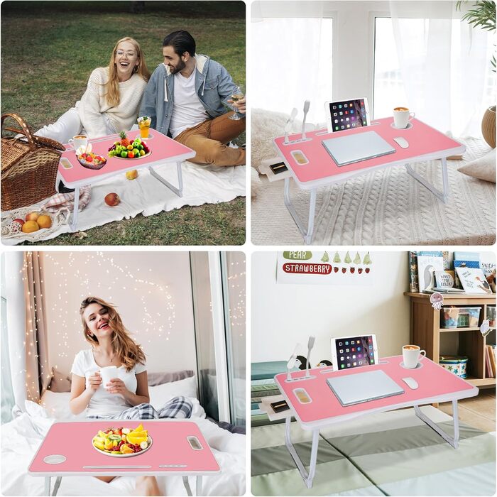 Складаний столик для ноутбука з USB-портами та відділеннями для аксесуарів (Рожевий)