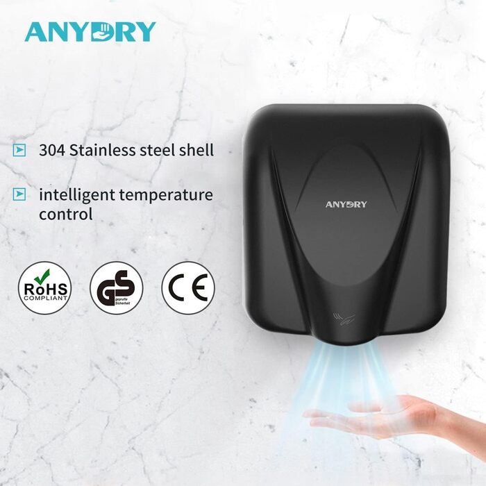 Anydry 2812 - Електричний сушар для рук AnyDry, для комерційного використання, нержавіюча сталь, швидка сушка (7-10 сек), 1600W, чорний (Brushed)