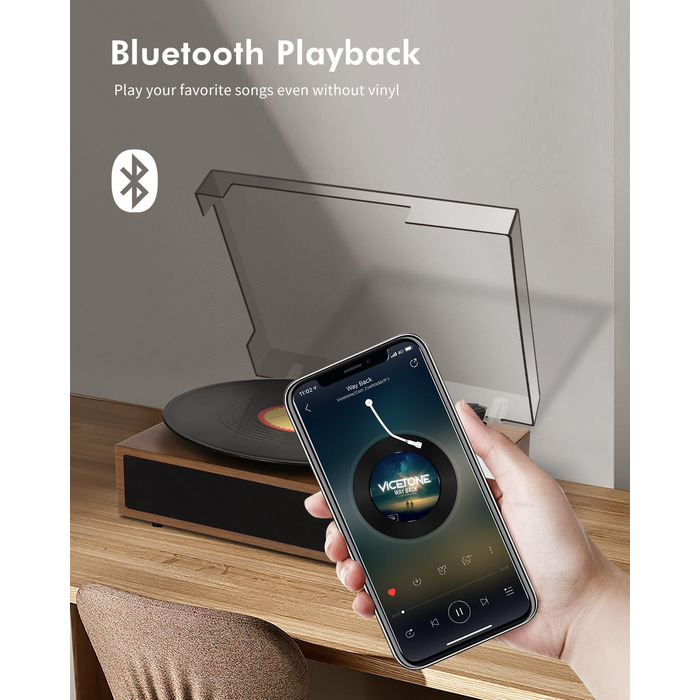 Вініловий програвач з Bluetooth, вбудованим динаміком, 3 швидкості 33/45/78 об/хв, ретро-програвач платівок AUX, RCA, USB, класичний коричневий