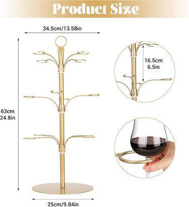 Стійка для коктейлів та келихів YCWF, 3 яруси, 12 келихів, золота. Ідеально для вечірок та святкування. Підходить для шампанського, коктейлів, маргарити та мартини.