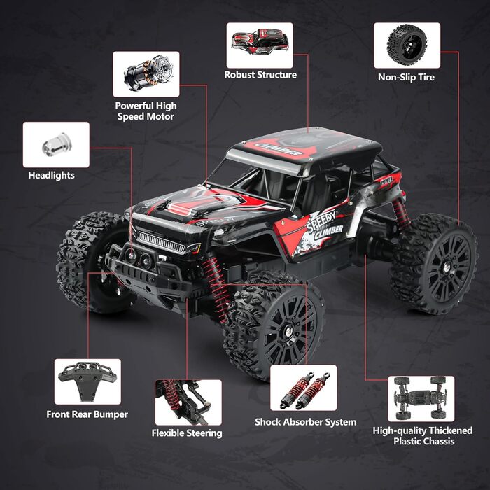 Радіокерований позашляховик Monstertruck 2.4GHz, 25 км/год, червоний - DIY збірка, великий розмір, для дорослих та дітей