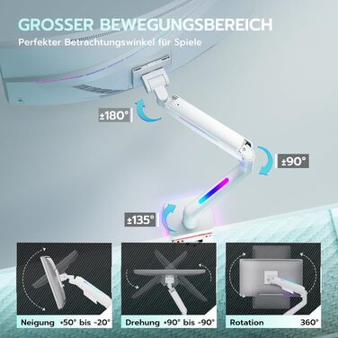 Кріплення для монітора ARES WING Ergonomic RGB, 17-49 дюймів, регульоване по висоті, поворотне, нахильне, RGB LED (білий)