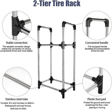 Стійка для шин BAOYOUNI на 4 шини/диски, 2 яруси, сіро-срібна, 57,2 x 37,3 x 114,6 см