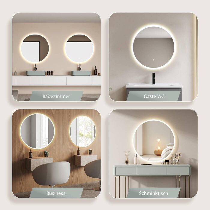 Дзеркало для ванної кімнати HOKO Design Riga, кругле, 60 см, з металевим каркасом, LED-підсвічування, сенсорне управління, регулювання кольору світла (80x80 см, срібло)