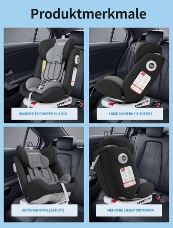 Автокрісло Fourward для дітей 0-36 кг, 360° обертання, ISOFIX, 5-точкова система безпеки, чорний колір
