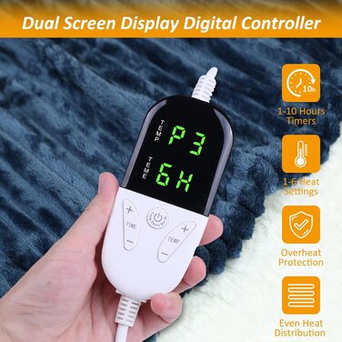 Електрична ковдра ITSHINY 180x135 см з цифровим регулятором, 6 режимів нагріву, таймер 1-10 годин, захист від перегріву, пральна, м'який фланель (Блакитна)