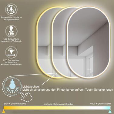 Дзеркало для ванної кімнати HOKO круглої форми 80 см з підсвічуванням, антизапарюванням, рамкою, сенсорним вимикачем, функцією пам'яті та регулюванням кольору світла (2700-6500K) - тепле, холодне, нейтральне світло (75 x 45 см, золотий овал)