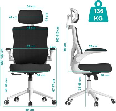 Ергономічне крісло для офісу з регульованою підголівником та поперековою підтримкою – високе офісне крісло з сітчастою спинкою та м'яким сидінням, вішалка для одягу та функцією блокування (Чорний колір з білим каркасом)