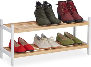 Полиця для взуття Relaxdays, полиця для взуття з 2 рівнями, до 6 пар взуття, деревина бамбука та берези, ВхШхГ 33 x 70 x 26 см, натуральний/білий