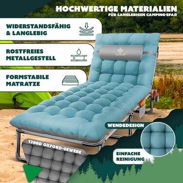 Розкладне кемпінгове ліжко KESSER з преміум-матрацом та подушкою, 190 x 68 x 30 см, витримує до 250 кг, з кишенею та підстаканником, сіре/блакитне