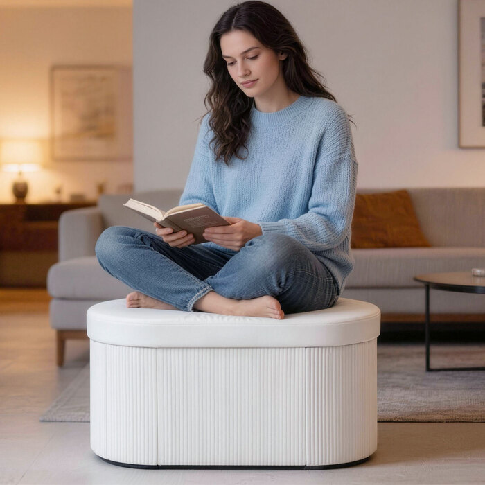 Зручна банкетка з місцем для зберігання, розкладна, оббивка з ефектом оксамиту для вітальні, 76 x 38 x 35 см, кремового кольору