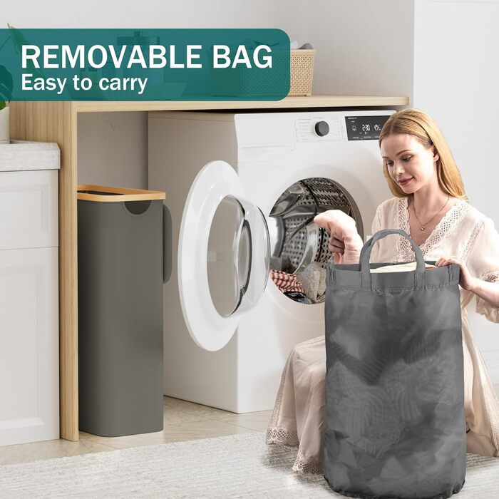 Кошик для білизни Youdenova з кришкою, 48л, вузький, з мішком для білизни, сортувальник, бамбук, білий