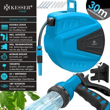 KESSER® Автоматична кавова машина для шлангів 30м з підключенням до стіни, автозмотування, поворот 180°, насадка-пістолет з 9 режимами, 2 насадки (Синій)
