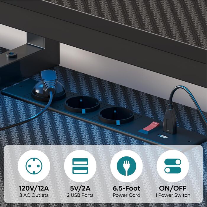 Ігровий стіл Bestier 181x80 см з LED-підсвіткою, 3 розетки AC та 2 USB, стіл для комп'ютера, чорний з карбоном