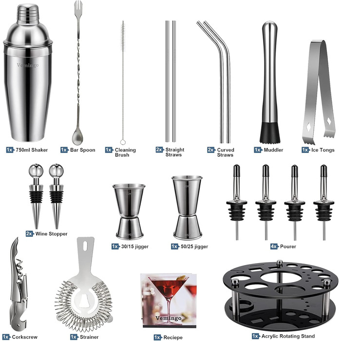 Подарунковий набір для коктейлів 20 предметів: шейкер, стійка акрилова 360°, мірний стакан, барний набір 750 мл, нержавіюча сталь