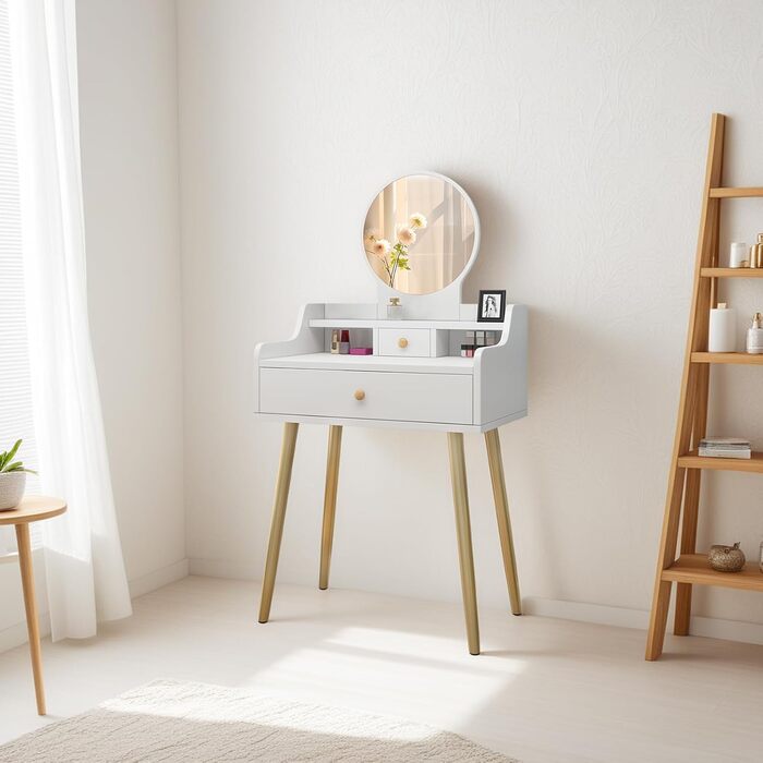 Дзеркальний туалетний столик DATO з LED-підсвічуванням, 3 режими кольору та регулюванням яскравості, з пуфом, 5 шухляд та 3 полиці, розсувний дзеркало (121)