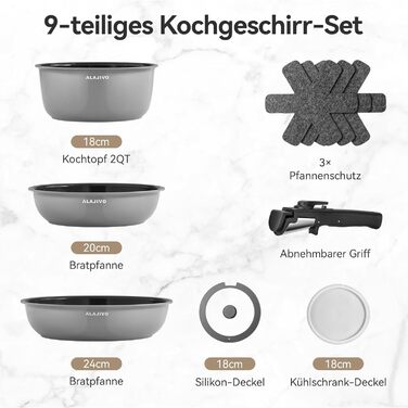 Набір посуду 9-ти частинний з знімним ручками, антипригарне покриття, для всіх типів плит, включаючи індукційні, сумісний з духовкою (сірий)