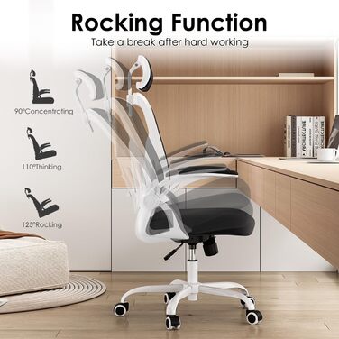 Ергономічне крісло Farini для офісу та дому: регульована висота, з підголівником, 150 кг, на коліщатках (чорно-біле)