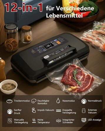 Вакууматор для продуктів 12-в-1, вакуумний пакувальник з подвійним швом, вбудованим різаком та лотком для збору рідини, 95кПа, чорний