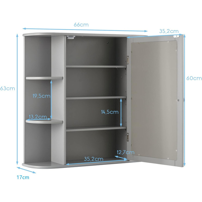 Дзеркальна шафа для ванної кімнати, 4 відділення та 6 полиць, підвісна, дерево, 66x17x63см, сіра