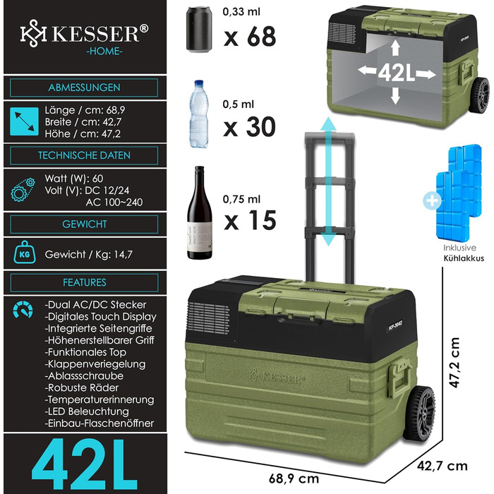 Автомобільний компресорний холодильник KESSER 42L з Wi-Fi, 12/24/230V, до -20°C, колеса, телескопічна ручка, хакі + 2 акумулятори холоду