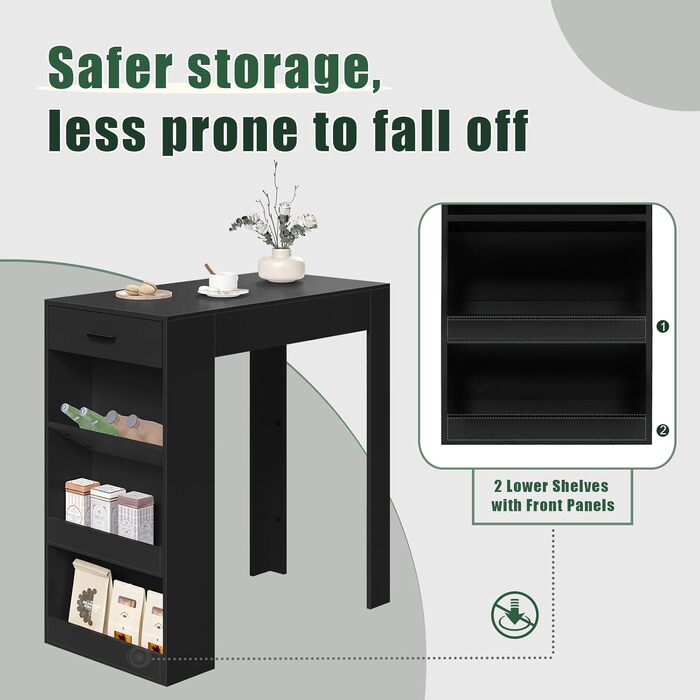 WOLTU Столик барний, кухонний, вітальні, їдальні з 1 шухлядою, 3 полицями, віноградником, чорний 100x50x100 см