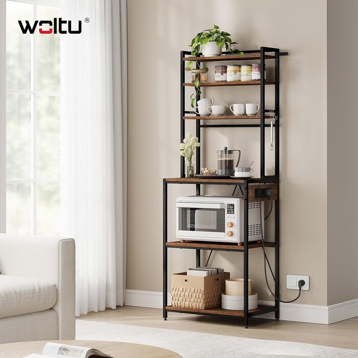 Кухонна полиця WOLTU з 6 ярусами, з розетками, мікрохвильова полиця з 6 гачками, полиця пекаря з металевим каркасом, регульовані полиці, Чорний+Рустикальне коричневий, 60 x 167 x 40 см
