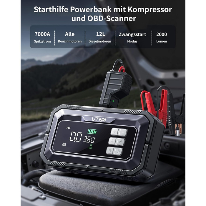 Powerbank-пусковий пристрій UTRAI 7000A з компресором та OBD-сканером. 2000 люмен LED, 160W DC, для бензинових та дизельних авто