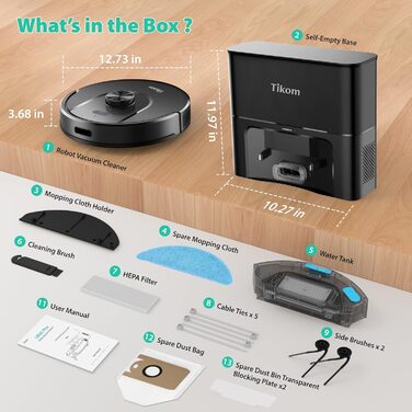 Робот-пилосос Tikom L8000 Plus з функцією миття, 6000Pa, LiDAR, Wi-Fi, для тварин та килимів