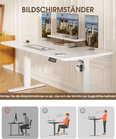 Електричний стіл Devoko з регулюванням висоти та підставкою для монітора, пам'ять 2 положення (білий, 180 x 80 см)