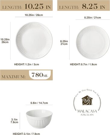 Набір посуду MALACASA LEILA, 18 предметів, порцеляна, скандинавський стиль, білий. Серія LEILA - 6 осіб, 18-ти частинний сервіз