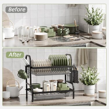 Сушарка для посуду NETEL 2-ярусна, чорна: з піддоном, тримачем для столових приборів та чашок