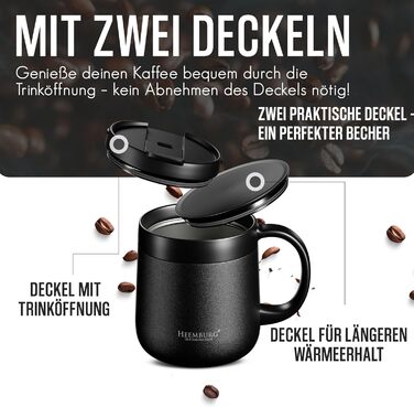 Термокружка з ручкою, подвійні стінки, вакуумна ізоляція, нержавіюча сталь 18/8, 2 кришки, неслизьке дно, 440мл (330мл), для офісу та робочого місця