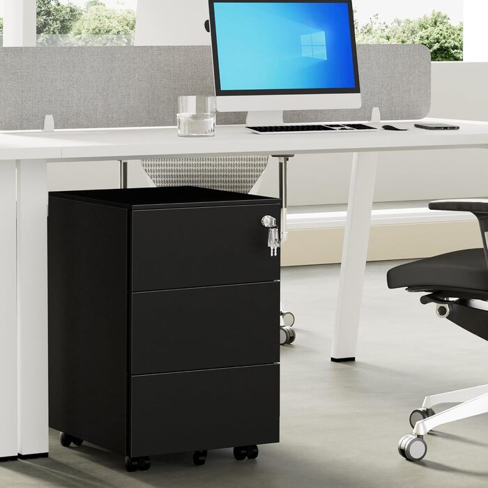 Роликовий контейнер HOMSTEEL з замком, 4 шухляди, металевий шафа, готовий до використання, для офісу та дому, білий (3 шухляди (44T x 37B x 60H cm), чорний)