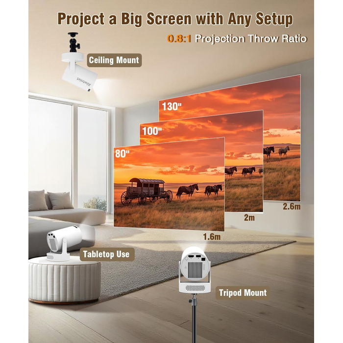 Міні проектор Alwtniet 4K з Wi-Fi 6, Bluetooth 5.4, 5W динаміком, автоматичною корекцією трапецеїдальних спотворень, поворотним на 180°, портативний для дому та вулиці (Android 11)