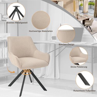 Набір обідніх стільців 6 шт. з підлокітниками, поворотні на 360°, з м'яким сидінням з льону, сучасний дизайн, металевий каркас, для кухні, вітальні, офісу, бежевий, 6 шт.