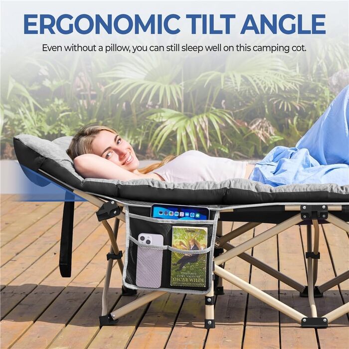 Розкладне кемпінгове ліжко Yaheetech з матрацом та сумкою для перенесення, 191 x 67 см, сіро-чорне, витримує до 150 кг