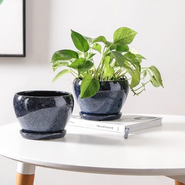 Керамічні горщики для квітів Vicrays - 16,5 см, з дренажем та підставкою, для сукулентів, орхідей, квітів, трав, кактусів, для дому та саду, блакитний