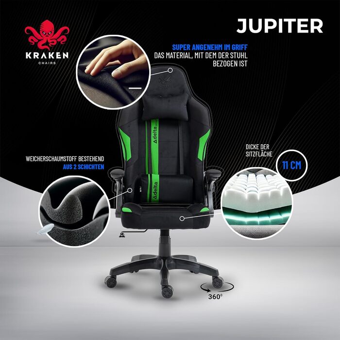 Крісло геймерське KRAKEN CHAIRS - ергономічне, тканинне, для комп'ютера, 130 кг, чорно-зелене