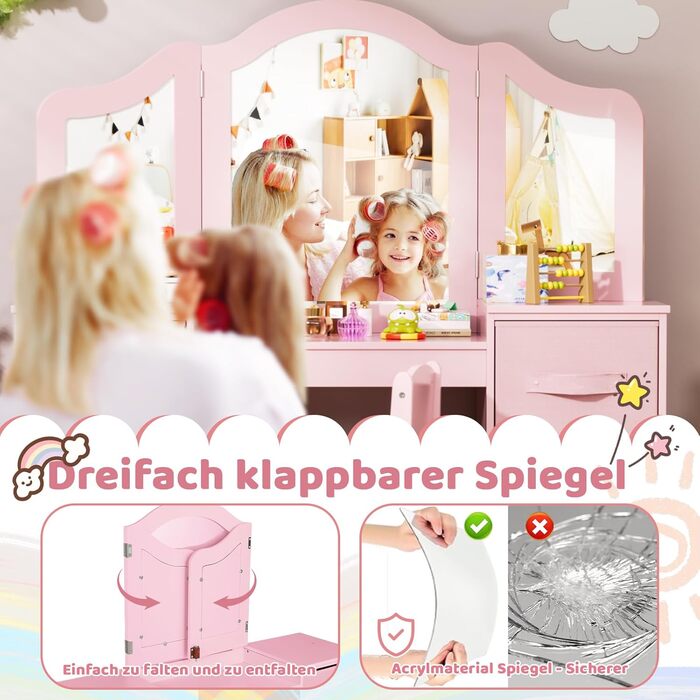 Дитячий туалетний столик MAMIZO 2 в 1 з дзеркалом та стільчиком, рожевий, з 2 висувними ящиками