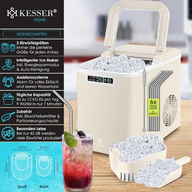 Машина для приготування льоду KESSER® з нержавіючої сталі, 12 кг/24 год, LED-дисплей, самоочищення, 2 розміри кубиків льоду, 2.2 л резервуар
