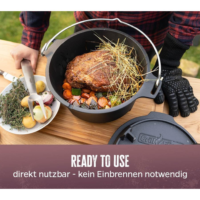 Набір голландської печі Grillfürst Dutch Oven BBQ Edition DO 9: чавунний котелок 8,5 л з підставкою, підняття кришки та сумка для зберігання