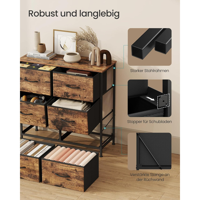 SONGMICS Комод з 8 висувними ящиками, шафа для зберігання, сталь, MDF, флізелін, для спальні, прихожої, вітальні, вінтажний коричневий + чорний, LGS124BH04