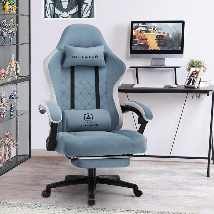 Ігровий крісло LUCKRACER з тканини, комп'ютерне крісло для офісу з підніжкою, racing крісло геймерське, до 150 кг, регулювання спинки 90-135°, ергономічне, 360° обертання, світло-блакитний колір