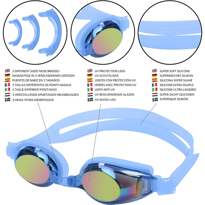 Дитячі окуляри для плавання - Дзеркальні окуляри з захистом від ультрафіолету - Кольорові лінзи - Футляр для зберігання - 3 носові подушечки - 4-12 років (сині)